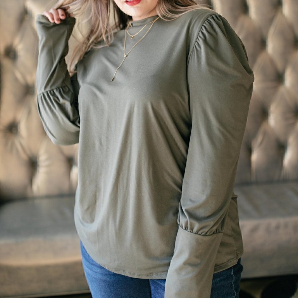 Celeste Olive Puff Sleeve Super Soft Top